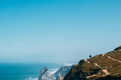 Panoramic view of sea against clear blue sky