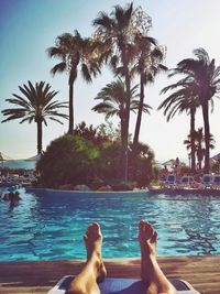 Low section of person relaxing in swimming pool