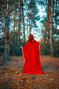 Rear view of woman standing by trees in forest during autumn