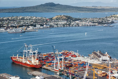 High angle view of boats at harbor