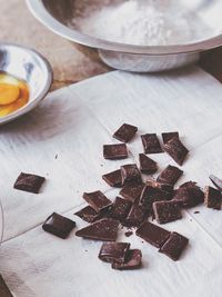 High angle view of chocolate cake on table