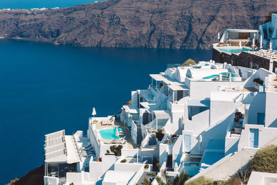 High angle view of houses by the sea