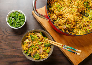 High angle view of food in bowl on table