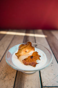 High angle view of breakfast in plate on table