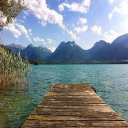 Scenic view of lake against cloudy sky