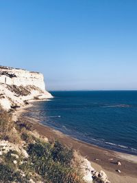 Scenic view of sea against clear blue sky