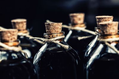 Close-up of corks in bottles 