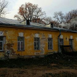 Bare trees and houses against sky