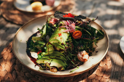 High angle view of food in plate on table