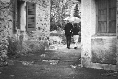 Rear view of a walking in front of building