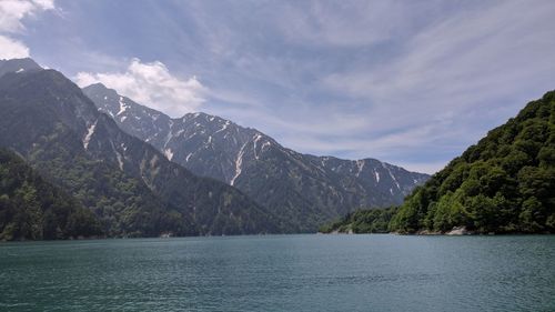 Scenic view of lake by mountains against sky