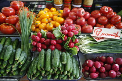 High angle view of vegetables for sale at market stall