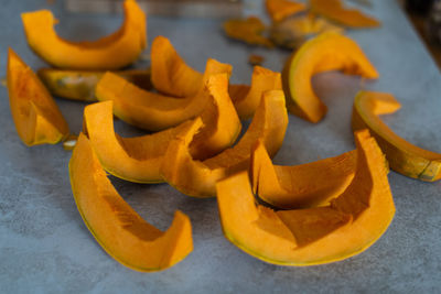 High angle view of yellow and orange on table