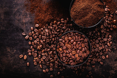 High angle view of coffee beans on table