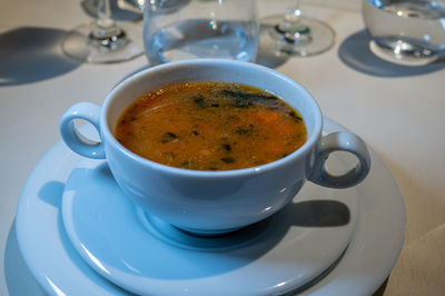 High angle view of soup on table