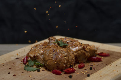 Close-up of meal served on table