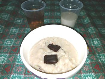 High angle view of dessert served on table