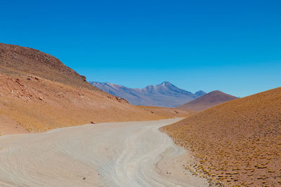 Scenic view of desert against clear blue sky