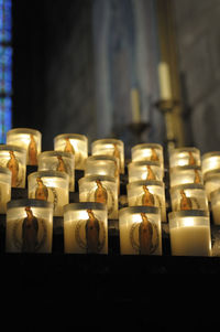 Close-up of lit candles in row