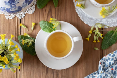 High angle view of tea served on table