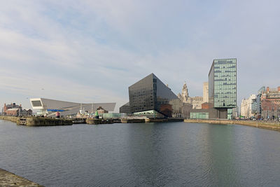 Museum of liverpool, liver building and regus offices shown from over the canning dock
