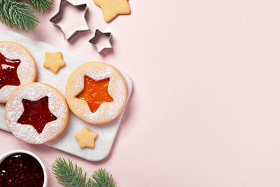 High angle view of cookies on table