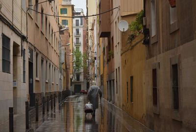 Rear view of man carrying luggage in alley during rain