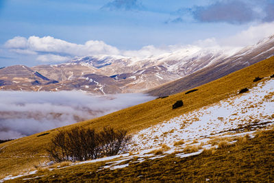 Scenic view of snowcapped mountains against sky