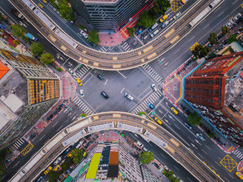 High angle view of city street and buildings