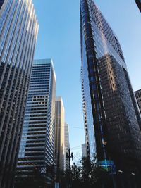 Low angle view of modern buildings against clear sky