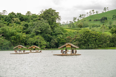 Scenic view of floating cottages on the lake