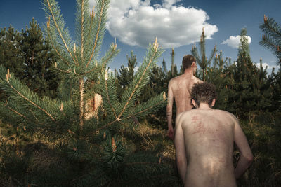 Rear view of shirtless man and palm trees against sky