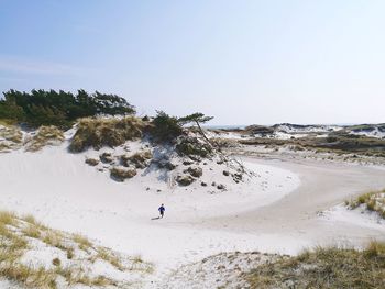 People on beach against clear sky