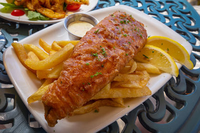 High angle view of food in plate on table