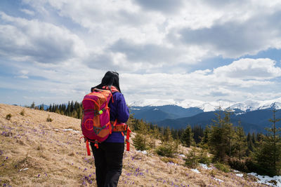 Rear view of man standing on mountain against sky