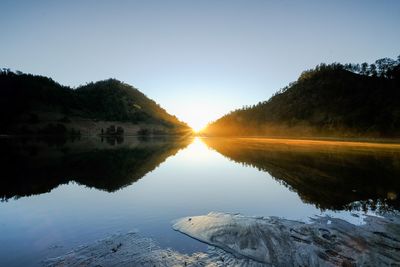 Scenic view of lake against sky during sunset