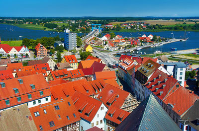 High angle view of people on multi colored against sky