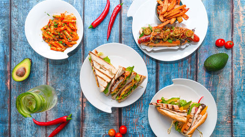 High angle view of meal served on table