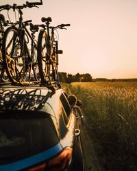 Bicycles by field on car roof during sunset