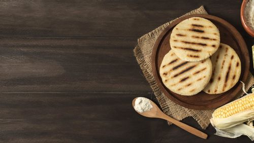 High angle view of food in plate on table