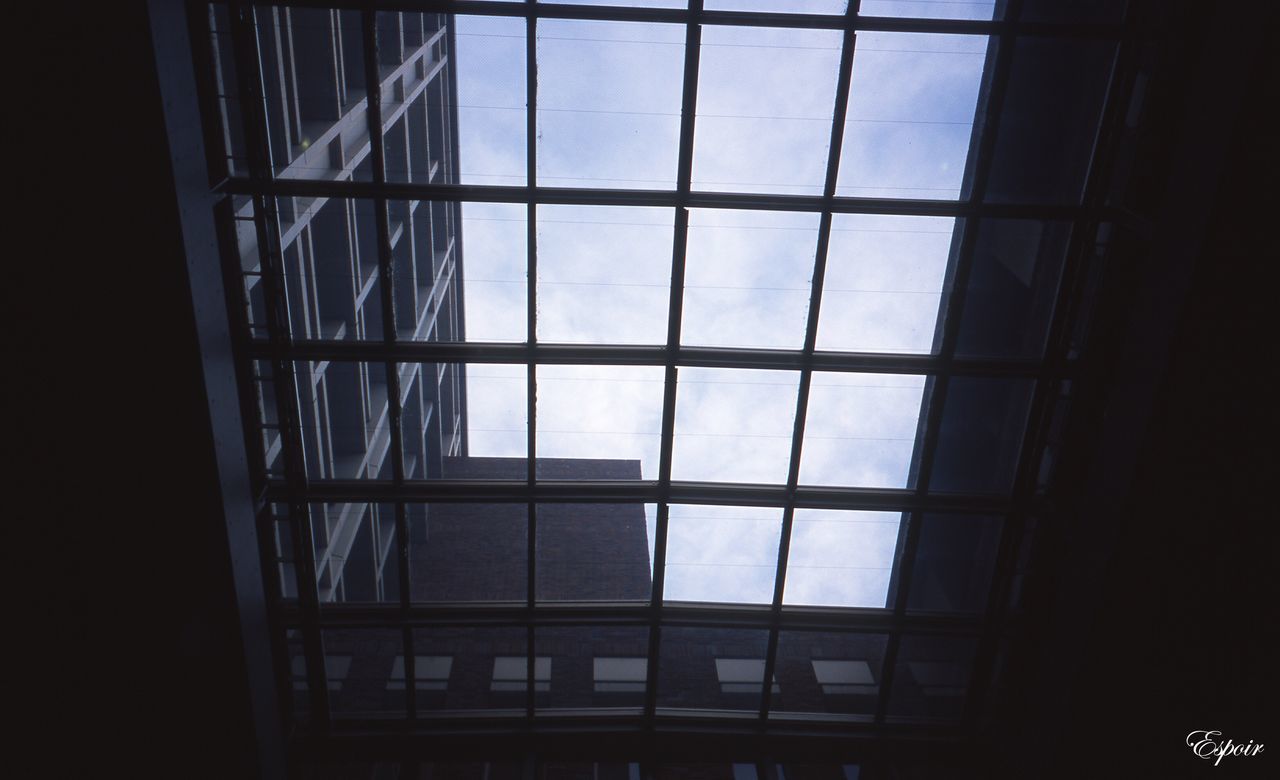 architecture, built structure, window, indoors, glass - material, transparent, building exterior, low angle view, modern, sky, glass, building, city, geometric shape, reflection, day, skylight, office building, no people, pattern