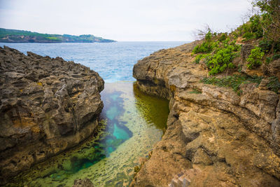 Scenic view of sea by cliff against sky