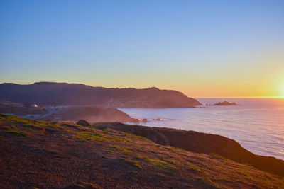 Scenic view of beach against clear sky during sunset