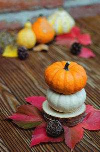 High angle view of pumpkins on table