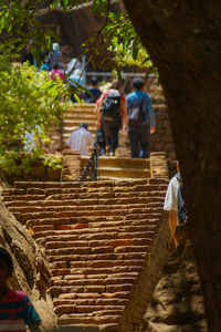 Rear view of people walking by stone wall