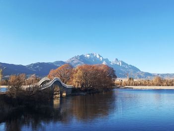 Scenic view of river and mountains against clear blue sky