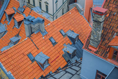 High angle view of houses in city