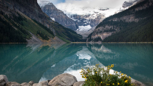 Scenic view of lake by snowcapped mountains