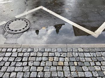 High angle view of puddle on street