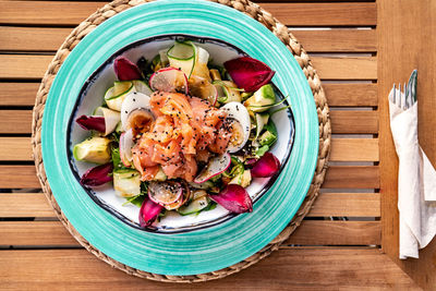 High angle view of food in plate on table